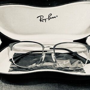 NEW!  Retro RAY BAN Black and Silver Men’s Metal EyeGlass  Frame With Case. NWOT